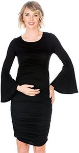 My Bump Women's Maternity Dress - Printed Fitted Stretch Bell Sleeve W/Ruched, Black Sd, Medium