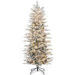 HOMCOM 6ft Tall Prelit Artificial Christmas Tree Xmas Tree with 636 Snow Flocked Branches, 250 Warm Yellow Clear Lights, Auto Open, Extra Bulb