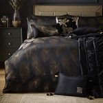 Laurence Llewelyn-Bowen - Luxury Black & Gold Duvet Cover Sets - King Bedding Size (220 x 230cm) - Peacock Bird & Floral Leaf Pattern - Soft Silky Touch (96% Polyester 4% Metallic)