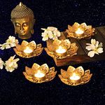 Dream Deco 5 pcs Lotus Tea Light Candle Holder, Diwali Lighting Decoration, Deepak, Rangoli Diya - Gold (5) with Candles