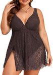 Aleumdr Women's Plus Size Swimsuit One Piece Swim Dress Full Coverage Modest Tummy Control Bathing Suit with Skirt Brown X-Large