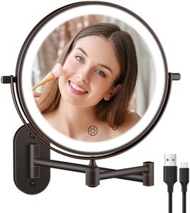 Rechargeable Wall Mounted Lighted Makeup Vanity Mirror 8 Inch Double Sided 1X 10X Magnifying Bathroom Mirror, 3 Color Lighting, Touch Dimming, Extended Arm 360 Rotation Light up Mirror Antique Bronze