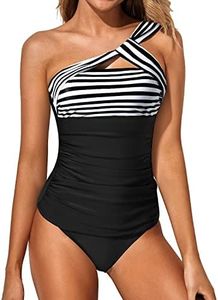 Tempt Me Stripe Black Two Piece Tankini Bathing Suits for Women One Shoulder Swim Top with Bottom Plus Size Swimsuits XXL
