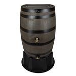 RTS Home Accents 551000651A5681 Polyethylene 50 US Gallon Flat Back Dual Spigot Rain Barrel with Stand, Woodgrain with Black Stripes