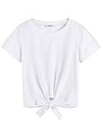 Arshiner Girls Summer Short Sleeve T Shirts Kid Girls Front Knot Shirts Solid White Tee Tops Size 7-8 Years