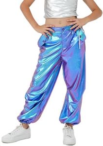 LOLANTA Holographic Trousers Sweatpant Hip Hop Clothes Sparkly Loose Fit Teens K-Pop Dance (Blue&Purple, 14-16)
