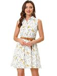 Allegra K Women's Valentine's Day Floral Printed Half Placket Knee Length Sleeveless Spring Belted Dress, White-yellow Daisy, L