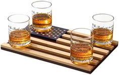 Whiskey Glasses – United States Constitution - Wood American Flag Tray & Set of 4 We The People 10oz America Glassware, Old Fashioned Rocks Glass, Freedom Of Speech Law Gift Set US Patriotic