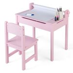 GYMAX Kids Desk and Chair Set, Wooden Children Art Table with Storage Space, Paper Roll and Markers, Lift-up Tabletop Design, Toddler Study Desk Set for 3 Years Old + Boys Girls (Pink)