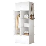 JOISCOPE Portable Wardrobe for Bedroom Storage Organizer Closet with Clothes Hanging Rail, Deeper Cube Combination Armoire Modular Cabinet for Clothes Shoes Toys, White (10-cube)