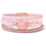 Leather Wrap Bracelet Boho Cuff Bracelets Crystal Bead Bracelet with Clasp Jewelry Gifts for Women(7.7", Pink)