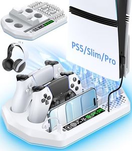 Cooling Station with Controller Charger for PS5/Slim/Pro, PlayStation 5 Vertical Stand for Disc & Digital Console, Dual PS 5 Controller Charging Station with 3 Level Cooling PlayStation 4 Chargers