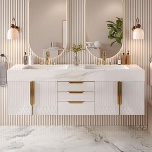 homary 60 inch Floating Bathroom Vanity with Double Sink, Modern Sintered Stone Top, Ample Storage for Master Bathroom, White