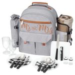 AW BRIDAL Mr & Mrs Gifts Picnic Basket, 14L Insulated Picnic Backpack for 2, Gray| Cool Anniversary Newlywed Wedding Engagement Gifts for Couples, Bachelorette Bridal Shower Gift for Bride To Be Gifts