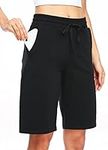 Willit Women's Shorts 10" Bermuda Cotton Long Shorts Jersey Shorts Athletic Yoga Workout Lounge Shorts with Pockets Black L