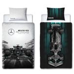 Character World Mercedes AMG Petronas Official Single Duvet Cover Set, Skyline Design | Grey Reversible 2 Sided Formula One Bedding Cover Official Merchandise Including Matching Pillow Case