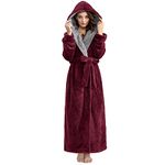 Hellomamma Long Hooded Robe for Women Luxurious Flannel Fleece Full Length Bathrobe Winter Warm Pajamas Shower Nightgown, Burgundy, X-Large