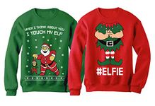 Tstars I Touch My Elf Elfie Ugly Christmas Sweater Sweatshirt Funny Matching Couple Set, Touch My Elf Green / Elfie Red, Touch MY Elf Large / Elfie Small