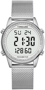 TIMEURE Women's Step Counter Pedometer Watch Crystal Stone, No App, No Charging Needed for Step, Calorie, Distance Tracking, Alarm, Countdown Timer, TU-2401 (Crystal Silver)