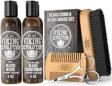 Viking Revolution Beard Brush and Comb Set with Peppermint Eucalyptus Beard Wash and Conditioner (5 Oz each) - Grooming Kit for Men with Argan and Jojoba Oils - Gifts for Men