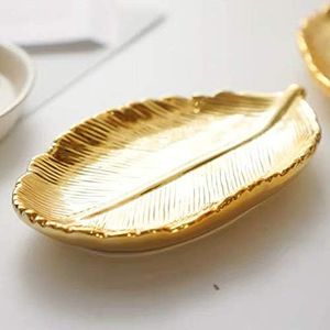 lemonadeus Small Golden Leaf Tray Ceramic Decorative Gold Trinket Dish Ring Dish Gold Leaf Jewelry Bowl Dish Vanity Tray