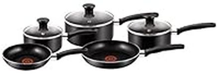 Tefal Essential, Aluminium Pots and Pans Set, 16 cm, 18 cm and 20 cm Saucepans with Lids, 20 cm and 24 cm Frying Pans, Black, B372S544