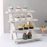 MyGift 4 Tier Shabby White Washed Solid Wood Cascading Collectible Figurine Display Riser, Countertop Stair Step Shelf Spice Rack or Cupcake Dessert Stand, 15.5" x 14"