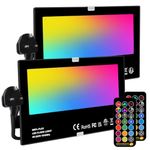 Mobri 50W LED Floodlight Outdoor, Colour Changing Flood Lights with Remote Control, 12 RGB Colours, Timing, 4 Modes, IP66 Waterproof, UK 3-Plug, 2 Pack