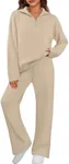 MEROKEETY Women's 2 Piece Sweater Sets Long Sleeve Quarter Zip Knit Top Wide Leg Pants Lounge Matching Set, Apricot, S