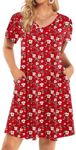 HOTOUCH Dress Casual Flowy Summer Cotton T-Shirt Dress with Pockets Sundresses for Petite Women 2025 Red Flowers M