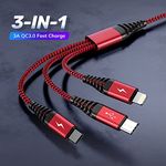 Multi Charging Cable, 3 in 1 Multi Charging Cable, Nylon Braided Multiple USB Multi Charging Cable, Adapter Type C Micro USB Port Connectors Compatible Cell Phones Tablets and many More (Red)