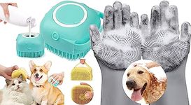 Deriz 1 pair of silicon dog bathing hand gloves + Pet Dog Bath Brush Soft Silicone Dog Shampoo Brush, Brush Hair Fur Grooming Cleaning Brush Soft Shampoo Dispenser Multi