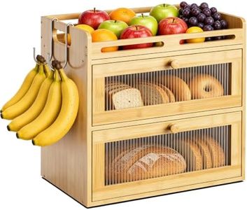 Coiesol Bread Box for Kitchen Countertop, 2-Tier Bamboo Bread Storage Container with Acrylic Window, Raised-Rail Top Shelf and 2 Banana Hooks, Farmhouse Counter Organizer for Pantry, Fruit and Snacks