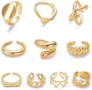 MOROYA 10PCS Gold Dome Chunky Rings for Women 18K Gold Plated Braided Twisted Round Signet Rings Adjustable Open Ring Band Statement Jewelry Size 7-9