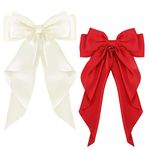 ZEVONDA Pack of 2 Big Bow Hair Clips - Solid Color Large Bowknot Hairpin Hair Clip with Long Silky Satin Tail Hair Barrettes Accessories for Girls Women, Milky White + Red