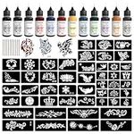 PFARRER Temporary Tattoo Kit12 Bottles Color Temporary Tattoo Ink,49 Big Pcs Stencils Kit for Body Paint DIY Fake Tattoos for Kids(Black*2,Red,Green,Blue,Pink,Grey,Navy,Yellow,Purple,Brown,Orange)