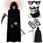 Sinoeem Black Grim Reaper Costume 5 PCS Halloween Skeleton Reaper Fancy Dress 140CM Black Velvet Cloak Set with Glowing Glasses, Death Costume Party Cosplay Accessories for Adults Adolescent