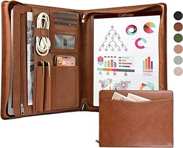 Calfinder Carpeta de conferencias A4 de piel vegana, carpeta de escritura con bloc oficina A4, carpeta organizadora cremallera, carpeta de microfibra para documentos para mujeres/hombres, marrón