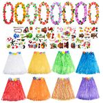 24 Pieces Hawaiian Grass Skirt Set with Hawaiian Leis and Disposable Tattoo Stickers for Hawaiian Beach BBQ Party (8 Set)