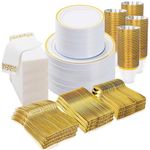 700 Piece Dinnerware Set for Wedding & Party,100 Guest RimPlastic Plates,100 Plastic Silverware,100 Cups,100 Linen Like Napkins (Gold)