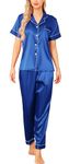 Vlazom Womens Silk Pyjamas, Soft Satin Short Sleeve Top & Long Pant Pyjamas Set Button Down Pj Sets Loungewear for All Seasons, A-Dark Blue,L