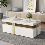 BTM Coffee Table, White Rectangular Coffee Table with PVC Pattern Top and 2 Wooden Drawers, Living Room Table 100x50x40cm