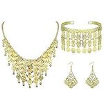 HAIAISO 3Pcs Jewelry Set for Women Gold Coin Headwear Necklace Earrings with Indian Style Gold Coin Costume Set for Carnival Theme Party Halloween Accessories-GOLD