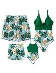 PATPAT Mommy and Me Matching Swimsuit One Piece Leaves Printed V Neck Bathing Suits Family Swimwear Matching Set, Green, Medium