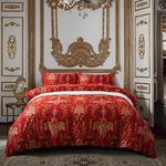 Italian Bohemian Paisley Duvet Cover 3pc Set Boho Bedding Boteh Damask Medallion 400TC Egyptian Cotton Sateen Luxury European Traditional Style Bed Linen (Red Teal, Queen)