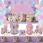 Cat Birthday Party Supplies Set Serves 20 Guest , Includes Happy Birthday Backdrop,Plates, Tablecloth, Cups, Balloon, Straws for Kids Cat Party Decorations