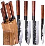 FAMCÜTE Japanese Chef Knife Set, 3 Layer 9CR18MOV Clad Steel w/Rosewood Handle and Block Wooden Holder for 4PCS Kitchen Knife Set (8” Gyuto Knife, 7” Nakiri Knife, 7” Santoku knife, 5” Utility knife)