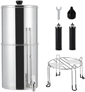 Gravity-fed Water Filter System, 2.25 Gallon Stainless Steel Countertop Filter System with 2 Filters and Stand, Reduce 99% Chlorine, for Home, Camping, RV, Fishing