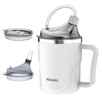 HOSUKU 13.5oz Stainless Steel No Spill Drinking Cup with Straw, Ideal for Elderly, Adults, and Maternity Use, Great for Water, Porridge, and Soup (White)