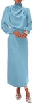 BTFBM Women's Mock Neck Satin Dress Elegant Long Sleeve Elastic High Waist Formal Wedding Cocktail Party Maxi Dresses(Solid Light Blue, Medium)